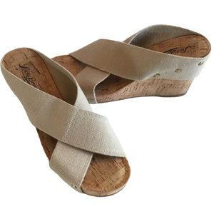 Lucky Brand Sandals ‘Miller 2’ Beige Elastic Strap Cork Platform Wedges Size-9